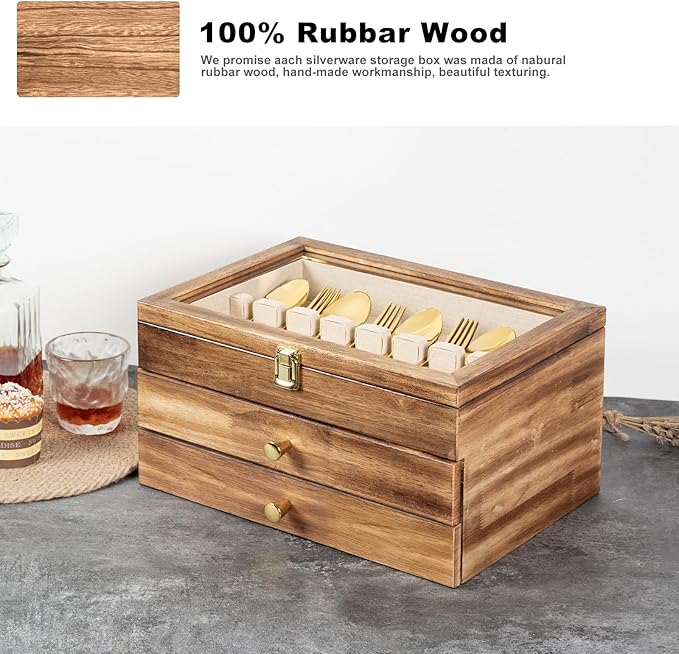 Silverware Box, 3-Layer Wooden Silverware Storage Box with Glass Lid, 14.5×10.6 Inches Vintage Style Decor Flatware Storage Case for Fine Flatware & Utensils, Gift Idea (Torched Wood)
