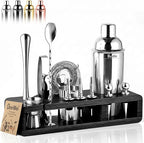 Barillio Silver Bartender Kit - Stainless-Steel Cocktail Shaker Set w/Black Bamboo Stand - Mixology Bar Tools w/Drink Shaker, Mixer & Muddler for Cocktails - Home Bar Accessories - 23-Pc Bar Set