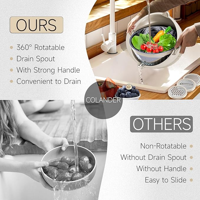 4-1 Colander with Bowl Set - Rotatable Colander Bowl with Measuring Spoons - Fruit Strainer Bowl, Food Strainers and Colanders Funny Presents for Women, Aesthetic Kitchen Gadget Essentials - Beige