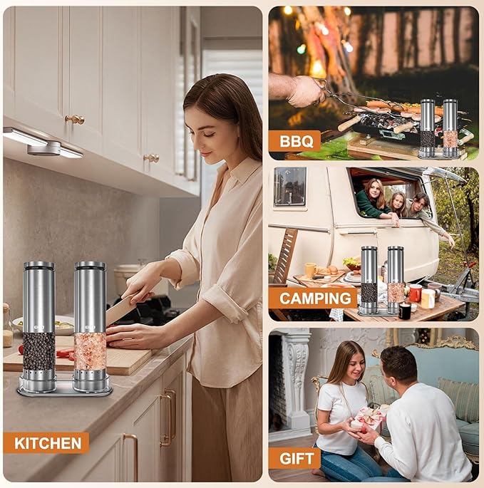 Electric Salt and Pepper Grinder Set Rechargeable, Automatic Salt and Pepper Shakers Mills with 6-Level External Adjustable Coarseness, LED Light, House Warming Cooking Gifts for Women Men