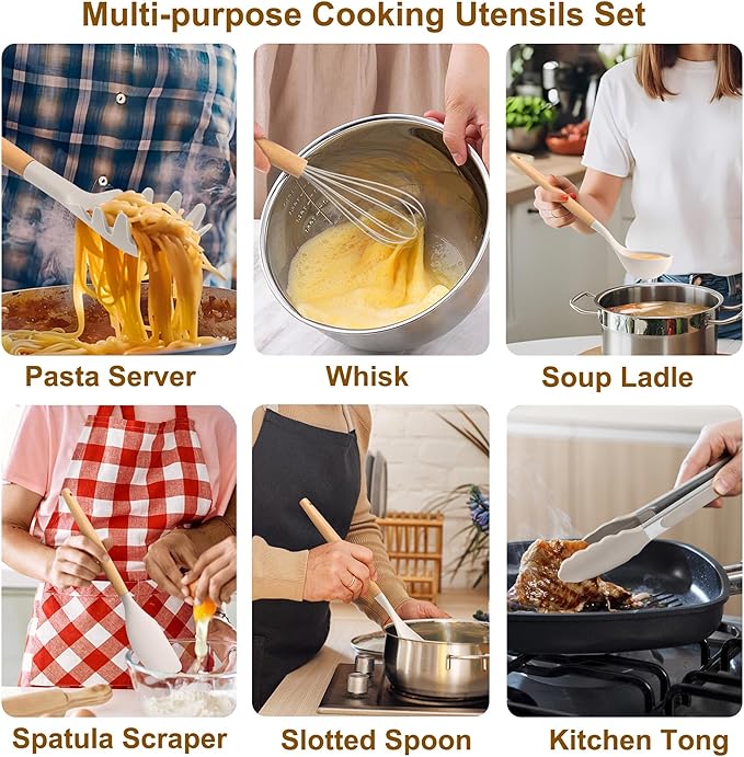 LIANYU 15-Piece Kitchen Cooking Utensils Set with Holder, Silicone Cooking Utensils Include Spatula Tong Slotted Spoon Turner Whisk Brush, Wooden Handle Kitchen Tools for Nonstick Cookware, Khaki