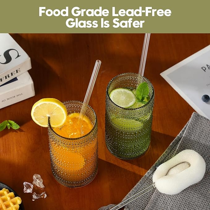 Vintage Hobnail Drinking Glasses Set of 12, 16 oz Large Capacity Embossed Green Tumblers, Highball Glasses for Water, Cocktail, Beer, Whiskey, Kitchen & Bar Use