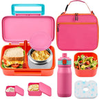 Kids Lunch Bento Box with Thermo Ice Pack Food Container with Insulated Lunch Bag, Insulated Water Bottle with Straw for Girls Boys,Pink