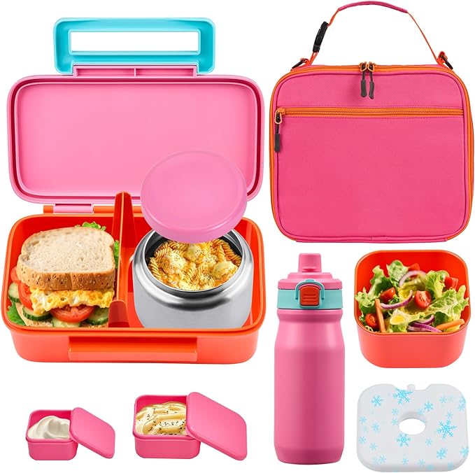 Kids Lunch Bento Box with Thermo Ice Pack Food Container with Insulated Lunch Bag, Insulated Water Bottle with Straw for Girls Boys,Pink