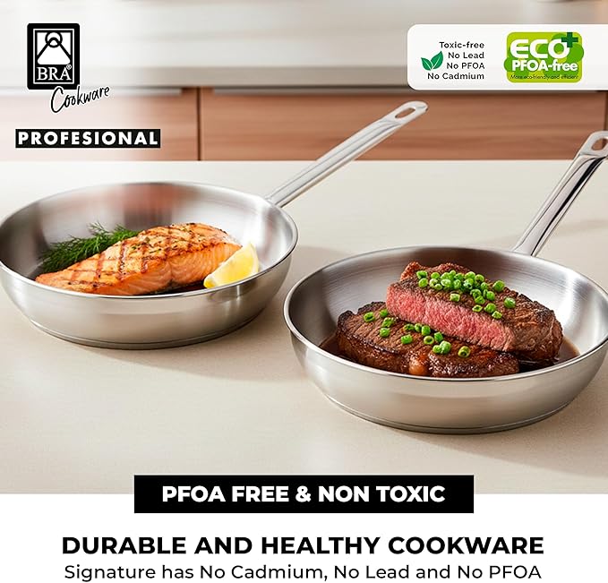 BRA COOKWARE Profesional 2 Frying Pan Set | 8 + 10.2 inches Professional Skillet | Stainless Steel Pan w/o Non-Stick | All Stovetop Compatible Skillet | 100% FOA Free | Brushed Finish