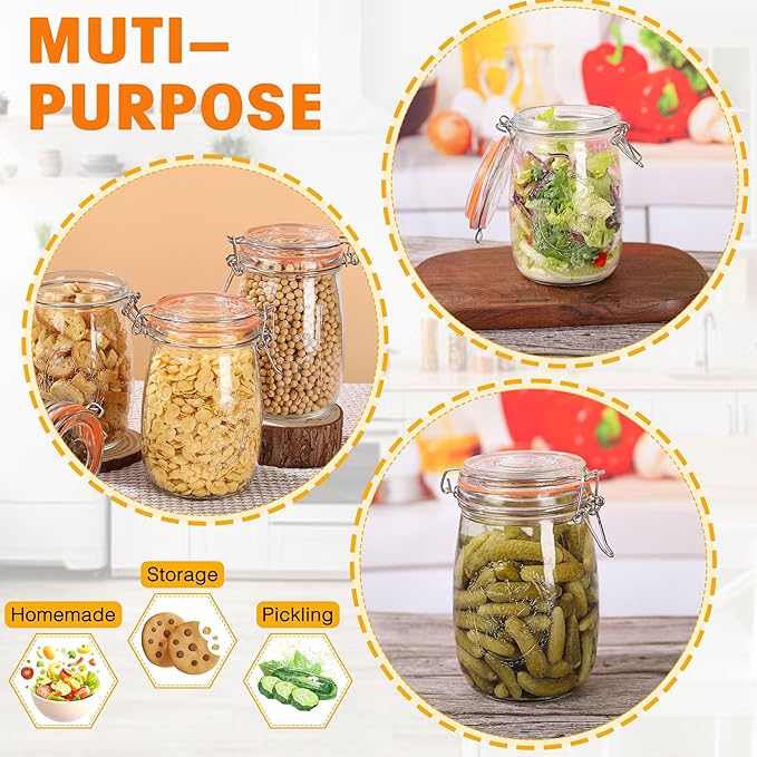 Wide Mouth Mason Jars 32 oz, 6 Pack Glass Canning Jars with Airtight Lid, Large Clear Canister Quart Jars for Pickling Flour Salad Jam Jelly Coffee Sugar Beans Kitchen Storage (6 Pack 32OZ)