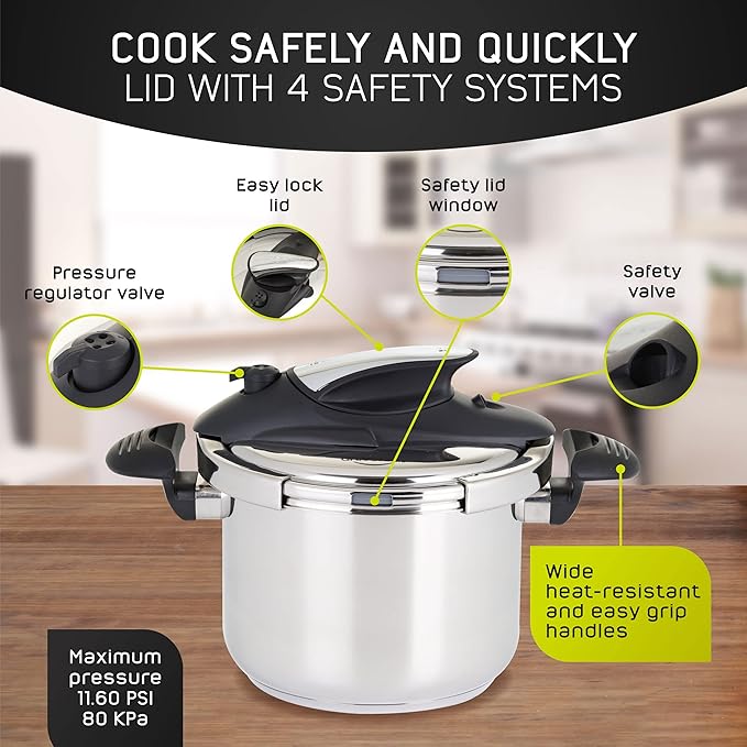 Universal (6.3 Quart / 6 Liter) Stainless Steel Easy Use Pressure Cooker + Extra Glass Lid, Induction Compatible, Pressure Cooker & Multipurpose Pot, 7 servings