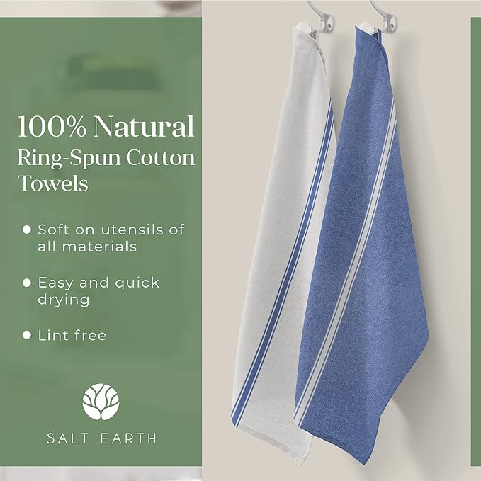 Salt Earth Kitchen Towels Cotton Dish Towel Size 24x14 Inches Set of 12 100% Ring Spun Cotton Absorbent Quick Dry Herringbone Weave Lint Free Washable Dishcloth Hanging Loop Color White & Blue Stripe