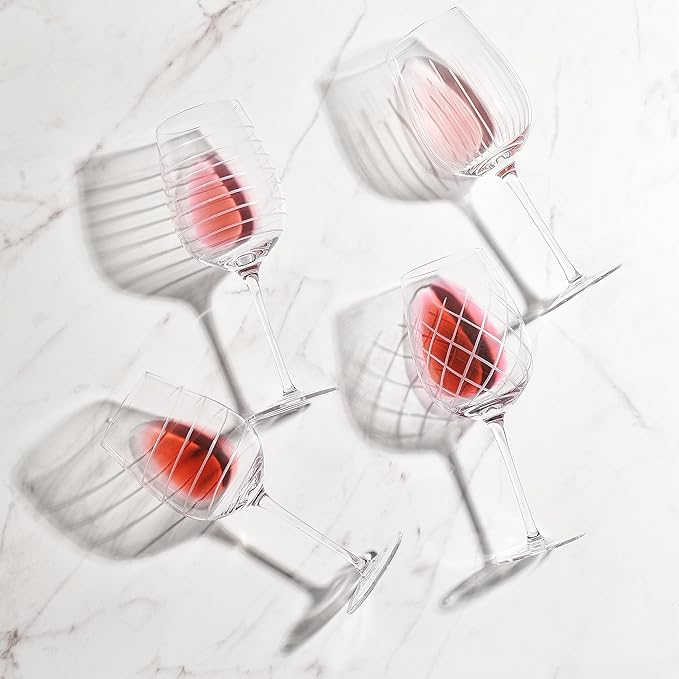 Cordial Glasses Set of 4-16oz. Clear Etched Red and White Unique Long Stem Wine Glass Cups for Alcohol Party, Wedding, Home