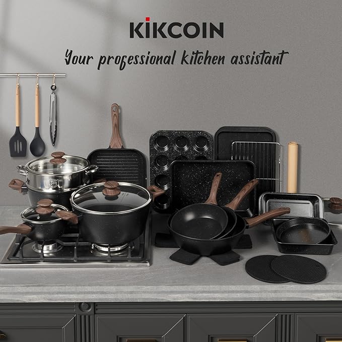 Kikcoin Pots and Pans Set Non Stick 31 Piece Kitchen Nonstick Cooking Cookware Sets with Grill Pan Saucepan Baking Sheet Utensil