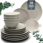 Stoneware Dinnerware Set for 8 People HYGGE 24-Piece - Elegant Scandi Design - Premium Dish Set - Bowl and Plate Set - Tableware for 8 People in a Ribbed Design - Pure Living in Light Brown
