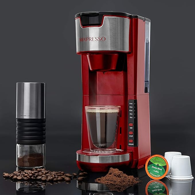 Mixpresso Red Single Serve Coffee Brewer K-Cup Pods Compatible & Ground, 30 oz Compact Coffee Maker Single Serve With 5 Brew Sizes Up To 14 Oz, Fits Travel Mug, Adjustable Drip Tray