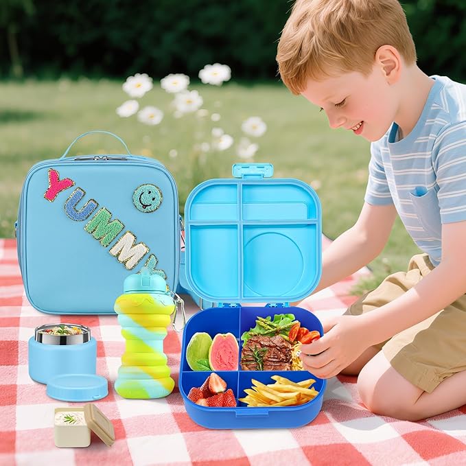 Kids Bento Lunch Box with 12oz Soup Thermo, Kids Leakproof Lunch Food Container with 4 Compartments, Insulated Lunch Bag & Water Cup for Girls Boys to School Travel