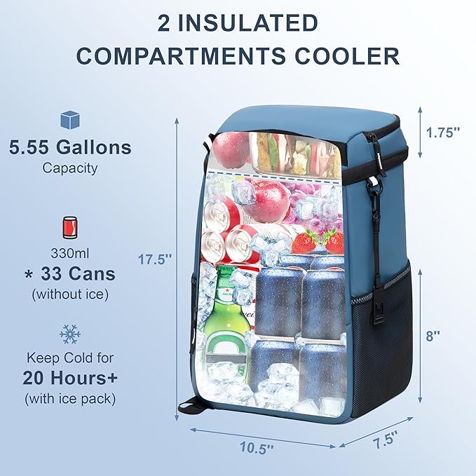Backpack Cooler Insulated Leak Proof 33/49 Cans, 2 Insulated Compartments Thermal Bag, Portable Lightweight Beach Travel Camping Lunch Backpack for Men and Women