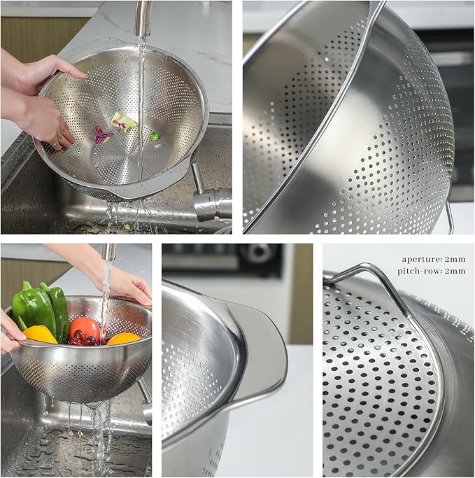 18/8 Stainless Steel Microwell Colander, 3.5QT Large Capacity with Handle Kitchen Food Strainer Basket for Washing Vegetables, Fruits, Rice, and Pasta (primary colour, 3.5QT)
