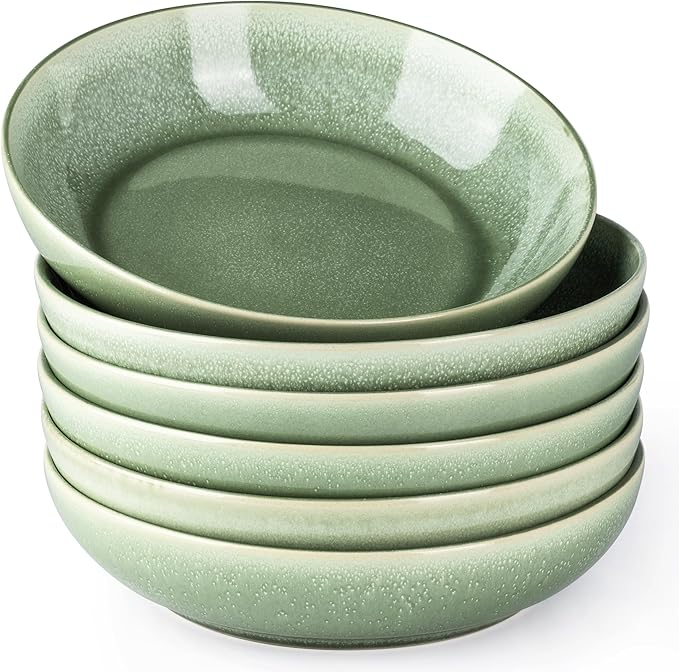 AmorArc 8.5'' Large Ceramic Pasta Bowls Set, 36oz Stoneware Bowls Set of 6 for Kitchen, Reavtive Glaze Bowls-Microwave,Dishwasher Safe for Pasta,Salad,Oatmeal-Olive Green