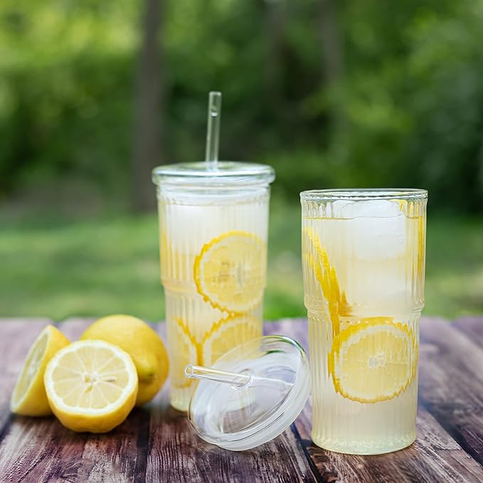 All Glass Iced Coffee Cup with Lid and Straw, Ribbed Glass Tumbler Set of 2 (18 oz)