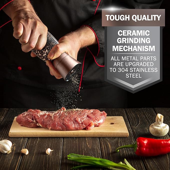 Home EC Original Copper Salt and Pepper Grinder Set of 2 - Adjustable Ceramic Grinder - Glass Salt and Pepper Shakers With Funnel and Ebook - Kitchen Spice Mill - Copper Kitchen Accessories