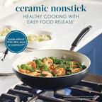 Rachael Ray Cucina Ceramic Nonstick Stir Fry Pan and Lid, 11 Inch Non Stick Wok Pan, Dishwasher Safe - Peppercorn