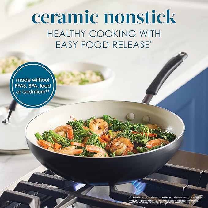 Rachael Ray Cucina Ceramic Nonstick Stir Fry Pan and Lid, 11 Inch Non Stick Wok Pan, Dishwasher Safe - Peppercorn