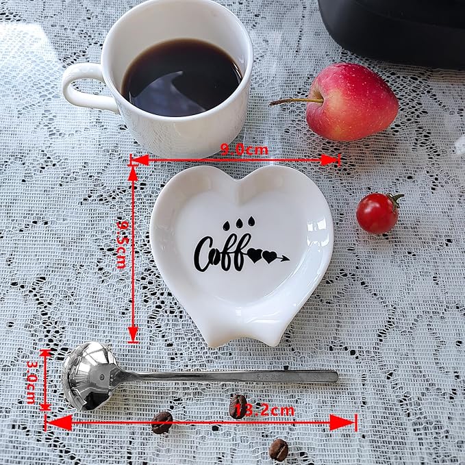 Heart-shaped Coffee Spoon Rest, Mini Coffee Spoon Holder, Small Ceramic Spoon Rest for Coffee Stirrers, Teaspoon, Bar Spoon, Coffee Bar Accessories, Coffee Station (White+Sliver spoon)