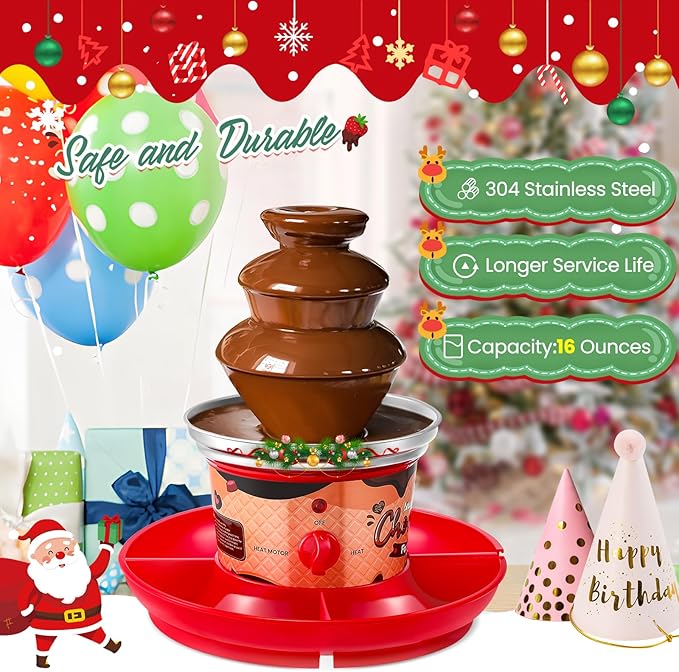 Huanyu 3-Tier Mini Chocolate Fountain Machine 10 Bamboo Skewers Removable Serving Tray 16-Ounce Chocolate Fondue Fountain for Party Birthday Wedding Chocolate Nacho Cheese BBQ Sauce Liqueurs (Red)