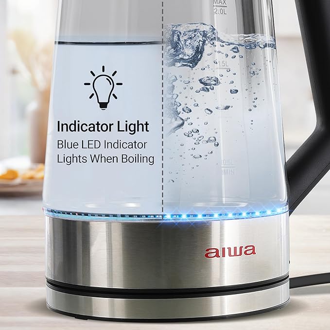 Aiwa 2 Liter Electric Water Kettle, 8.4 Cups Fast Hot Water Boiler, Glass Tea Kettle, with Blue LED Interior, Cordless Serving, Auto-Shutoff & Boil-Dry Protection, Black