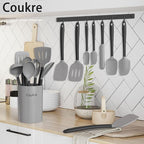 Coukre Silicone Kitchen Cooking Utensils Set with Holder – Heat-Resistant, Food-Grade Kitchen Tools, Spatula, Spoon & Gadgets for Non-Stick Pans, Dishwasher Safe (14, Gray)