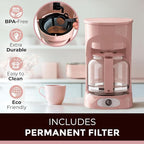 MUELLER HOME 12-Cup Pink Coffee Maker - Borosilicate Carafe, Auto-Off, Pink Kitchen Accessories, Reusable Filter, Anti-Drip, Kitchen Appliances, Keep-Warm Function, Kitchen Décor