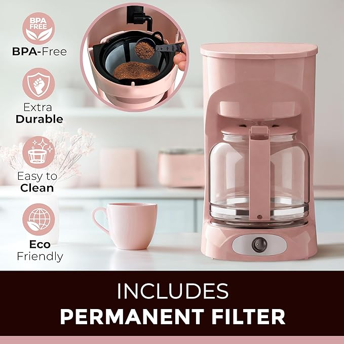 MUELLER HOME 12-Cup Pink Coffee Maker - Borosilicate Carafe, Auto-Off, Pink Kitchen Accessories, Reusable Filter, Anti-Drip, Kitchen Appliances, Keep-Warm Function, Kitchen Décor