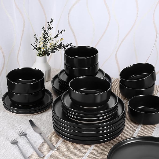 HaWare Stoneware Dinnerware Sets, 24-Piece Plates and Bowls Set for 8, Dishes Set for Home Restaurant, Frosting Black