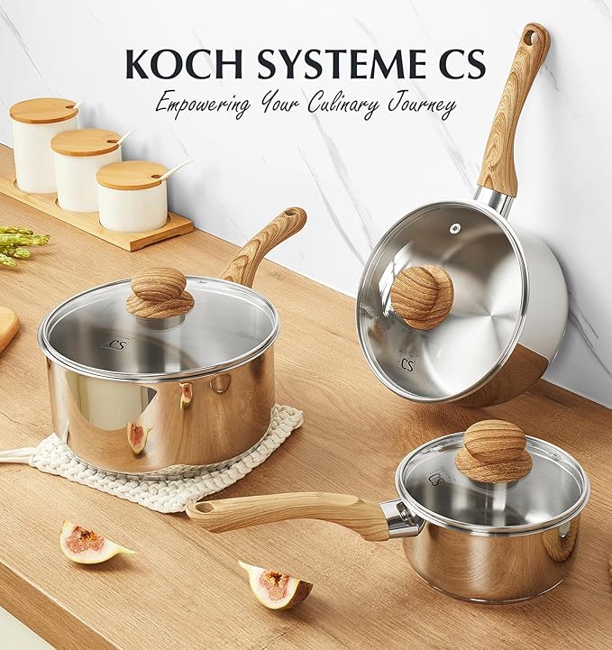 KOCH SYSTEME CS Stainless Steel Pots, 6 Piece Sauce Pan Set with Lids, 1QT, 2QT, 3QT Stainless Steel Saucepan with Cool-Touch Handles, 5-layers Base Pots, Induction Compatible Sauce Pan, Pot Set