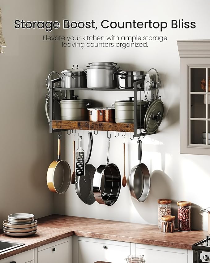 Hanging Pot Rack, Pot Rack Wall Mounted, 2-Tier Kitchen Pot and Lid Organizer, Wall-Mounted Pot Rack with 12 Hooks, for Kitchen Storage of Pots, Pans, Utensils, Rustic Brown TPR02BF
