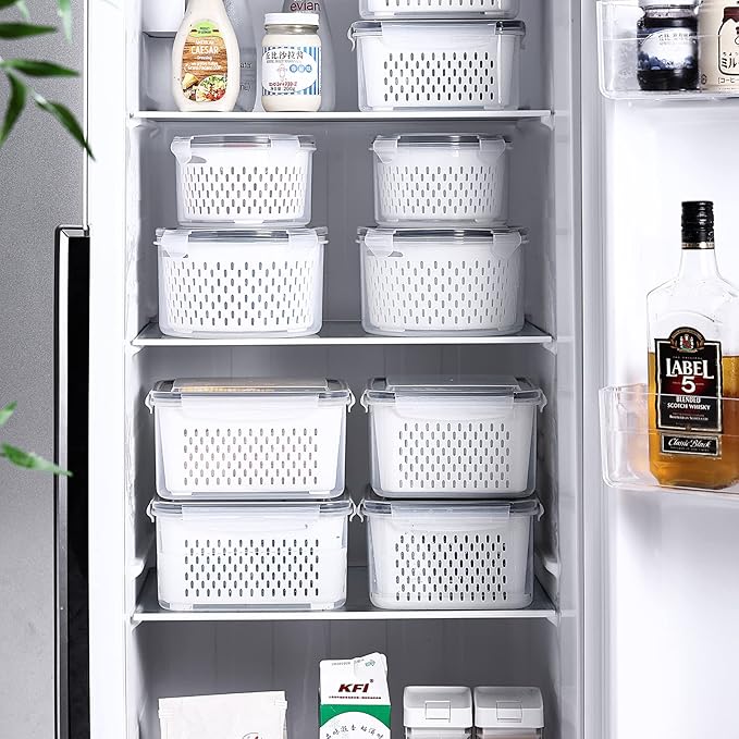Large Fridge Food Storage Container Set with Lids with Strainer, Fruit Vegetable Storage Containers Keep Fruits, Vegetables, Berry, Meat Fresh longer, BPA-Free Plastic Produce Keepers