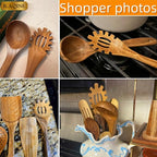 Wooden Spoons for Cooking, 2Pcs Wooden Kitchen Utensils, Wooden Pasta Fork and Ladle for Spaghetti, Nostick Teak Wood Utensil Set for Cooking (Ladle & Spaghetti Server)