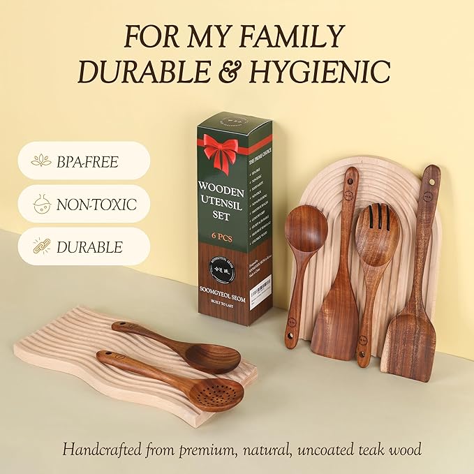 Wooden Spoons for Cooking – 6-Piece Teak Wood Cookware Utensil Set with Smooth Finish – Non-Stick, Comfortable Grip – Durable, Heat Resistant Kitchen Utensils
