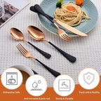 20 Piece Rose Gold and Black 18/0 Flatware Utensil Set for 4, Include Dinner Knife,Dinner Forks,Dinner Spoons,Salad Forks,Teaspoons,Silverware Set for 4, Dishwasher Safe