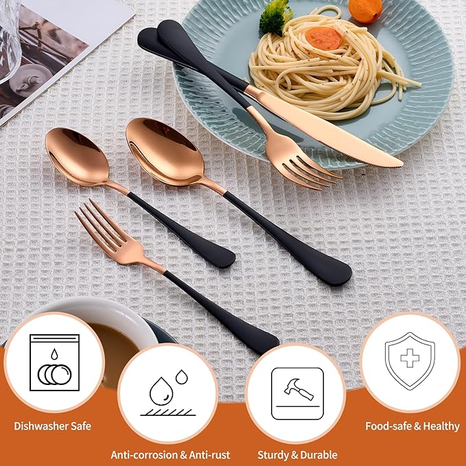 20 Piece Rose Gold and Black 18/0 Flatware Utensil Set for 4, Include Dinner Knife,Dinner Forks,Dinner Spoons,Salad Forks,Teaspoons,Silverware Set for 4, Dishwasher Safe
