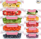 10 Pack Glass Food Storage Containers, Meal Prep Containers with Lids, Airtight Glass Lunch Boxes, Freezer, Oven, and Microwave Safe, Pink