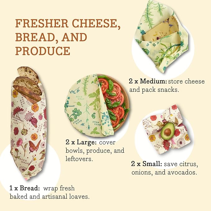 Bee's Wrap Vegan Beeswax Wraps for Food - Assorted 7 Pack (2S, 2M, 2L, & 1 Bread) Made in USA Reusable & Organic Food Wraps & Bowl Covers - Eco-Friendly Alternative to Aluminum Foil & Plastic Wrap