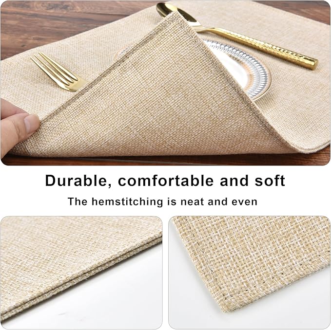 Beige Cloth Placemats Set of 8 - Double Thickened Easy to Clean Linen Style Fabric Placemats - Machine Washable Placemats - Heat Resistant Non-Slip Table Mats (Beige, 8)