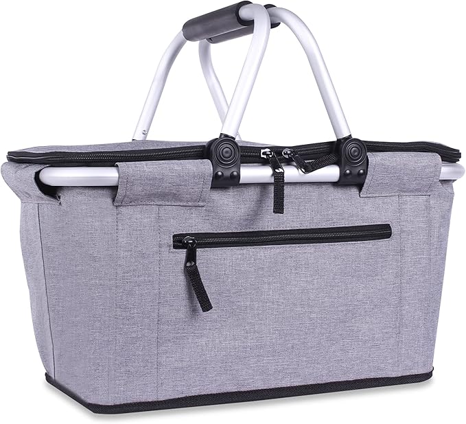 Picnic Basket, SIYUAN Collapsible Shopping Basket Insulated with 2 Handles 27L Large Cooler with Lid Portable Folding Grocery Market Tote Bag, Grey