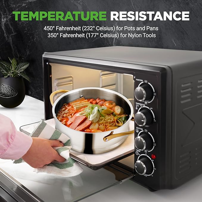 NutriChef 16-Piece Premium Stainless Steel Cookware Set – Tri-Ply Construction, Induction Compatible, Stylish Design with Golden Handles, Includes Pots, Ceramic Coated Fry Pans, and Utensils