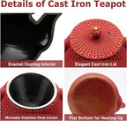 Small Cast Iron Tea Kettle for Stovetop Safe, Red Tea Pot Coated with Enameled Interior, Durable Teapot with Stainless Steel Infuser for Loose Leaf (1000ml/34oz)