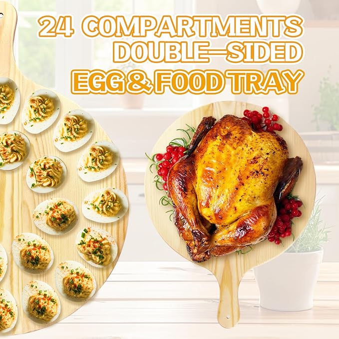 24 Holes Deviled Egg Platter,Wooden Round Deviled Egg Tray,Charcuterie Board Tray Holder Carrier for Kitchen Countertops,Serving Tray,Pizza,Pies,Barbecue,Snacks