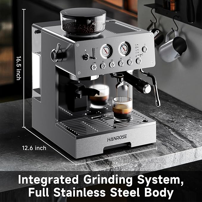 Espresso Machine with Grinder, 20Bar Espresso Machine Stainless Steel, Coffee Machine with Milk Frother for Latte/Cappuccino, Adjustable Temperature, Independent Hot Water & Americano Function