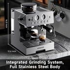 Espresso Machine with Grinder, 20Bar Espresso Machine Stainless Steel, Coffee Machine with Milk Frother for Latte/Cappuccino, Adjustable Temperature, Independent Hot Water & Americano Function