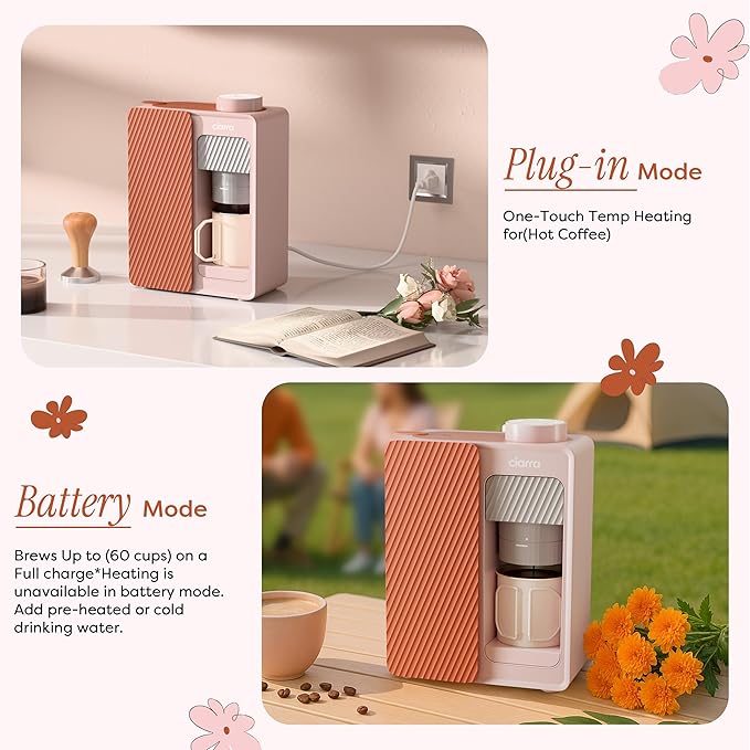 CIARRA Bloombox Compact Single Serve Coffee Maker, 15 Bar Rich Flavor Brew Espresso Coffee Machine for Travel Camping RV Office Home, Easy to use, 6.1oz Stainless Steel Water Tank