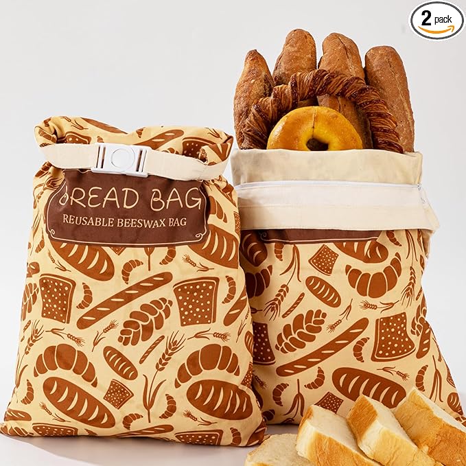 2-Pack Beeswax Bread Bags with Zipper & Buckle - Reusable Cotton Storage for Sourdough & Homemade Bread, Freezer Safe