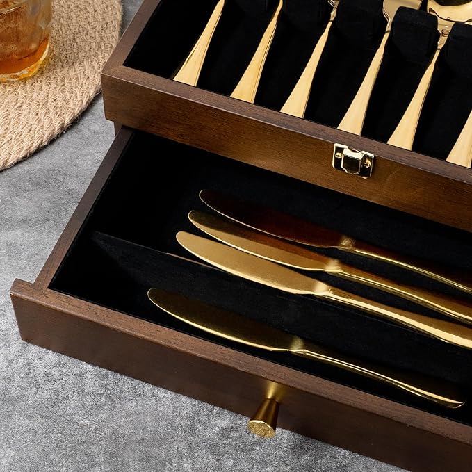 Silverware Box, 2-Layer Wooden Silverware Storage Box with Glass Lid, 14.5×10.6 Inches Luxury Style Decor Flatware Storage Case for Fine Flatware & Utensils, Gift Idea (Walnut)